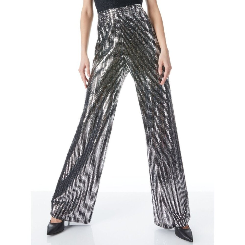 Alice + Olivia Elba Silver Black Wide Leg Pants Medium